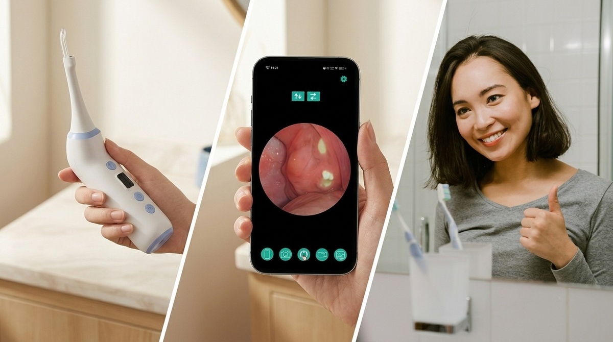 A three-panel collage showing a handheld oral TonsilVision stone remover device: a hand holding the white and blue device on the left, a hand holding a smartphone displaying an endoscopic mouth view in the center, and a smiling woman giving a thumbs-up in a bathroom on the right.