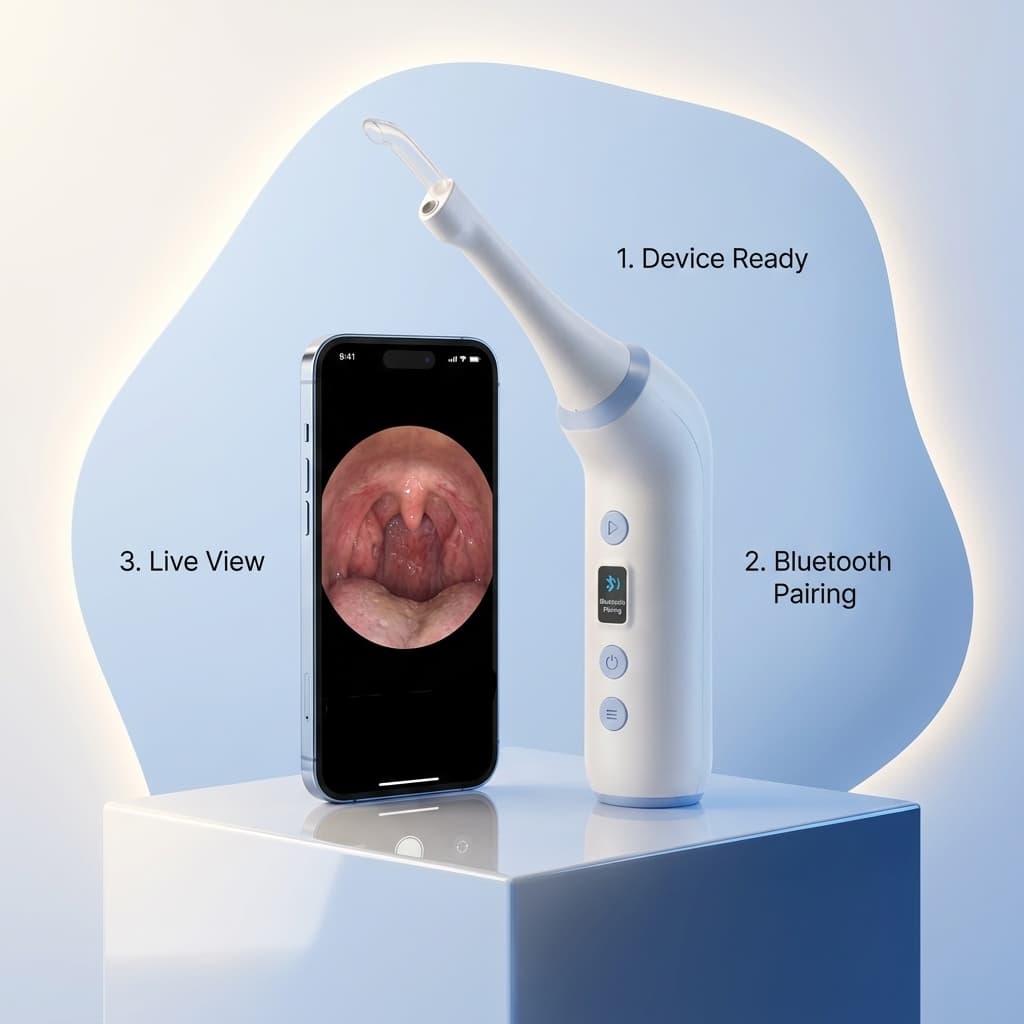 Throat examination device with a smartphone displaying a view on a light blue background