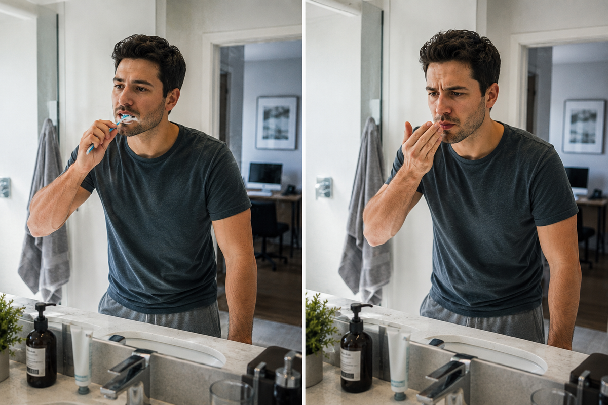 A side-by-side comparison of a man brushing his teeth with toothpaste on the left, and washing his face with water on the right, while wearing a dark gray t-shirt in a bright bathroom.