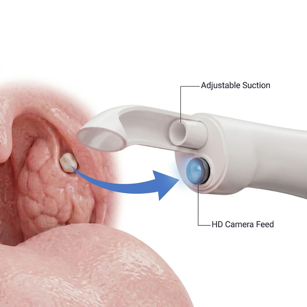 Image with a tools that provides adjustable suction and a hd camera feed