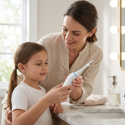 A woman and a young girl in a bright bathroom, with the woman holding a white and blue electric TonsilVision stone remover for the child.