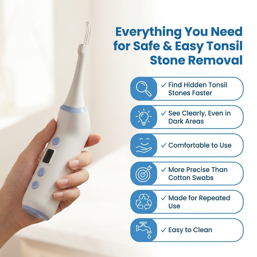 A hand holds a white and light blue cordless TonsilVision stone remover against a bright indoor background, with promotional text and feature callouts on the right.