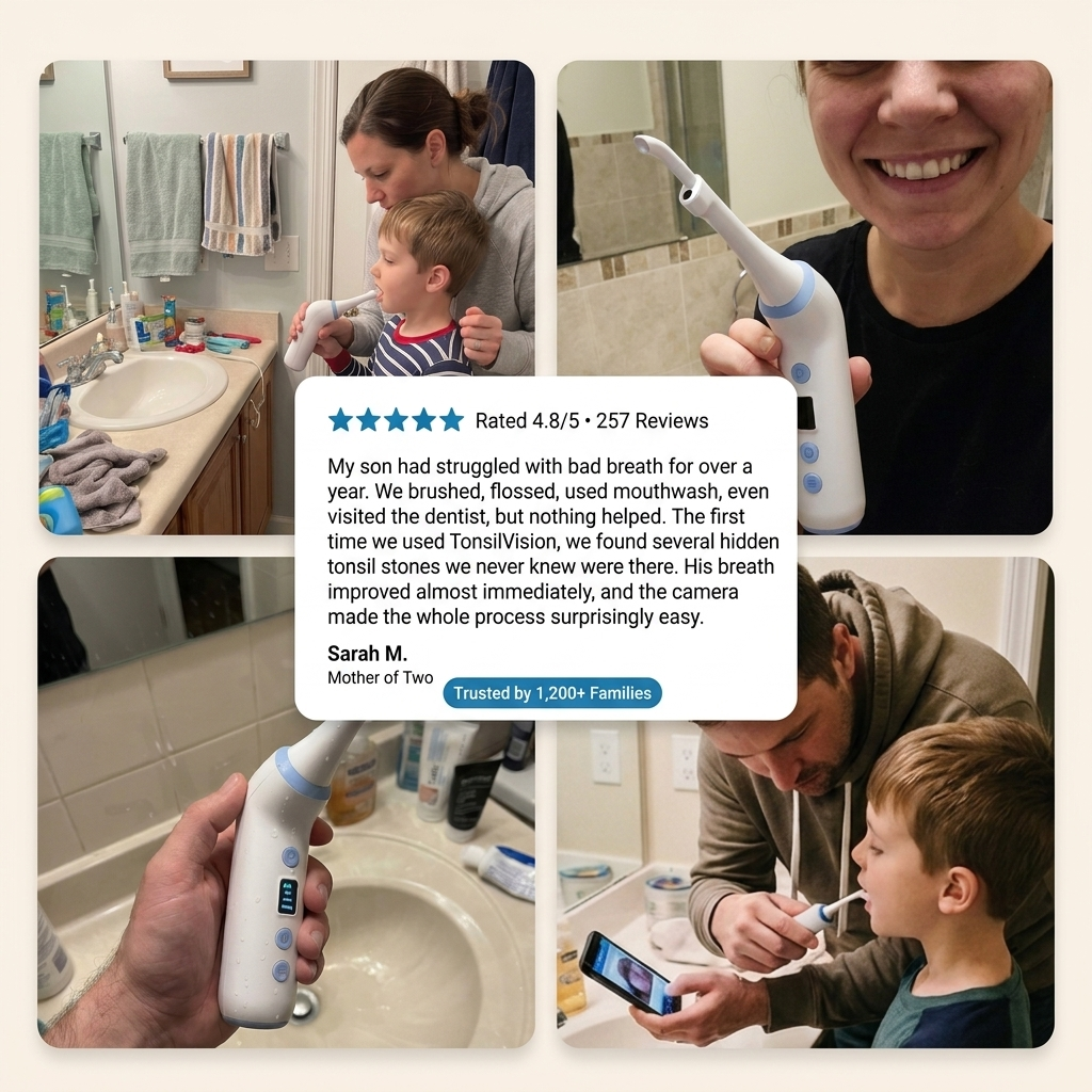 A collage of four photos showing different people using a handheld TonsilVision stone remover device in a bathroom. A large white review card with star ratings and a customer testimonial is overlaid in the center.