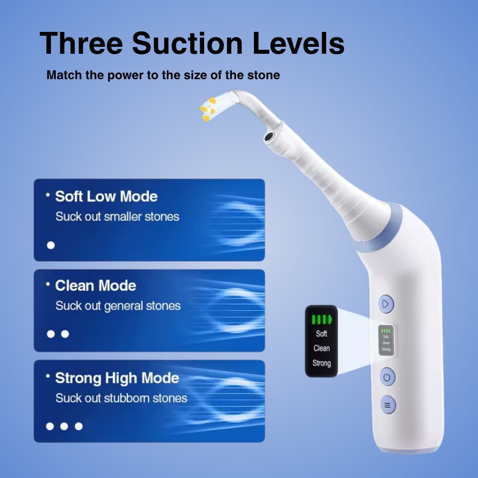 TonsilVision has three suction levels: soft low, clean and strong high mode