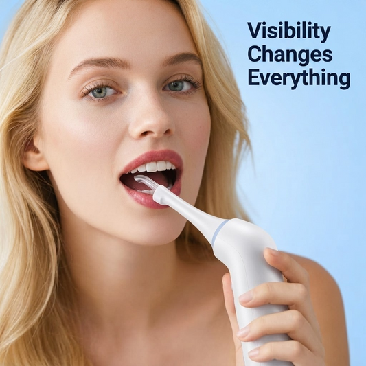 A blonde woman holding and using a white electric TonsilVision stone remover against a light blue background, with the text 'Visibility Changes Everything' in the top right corner.
