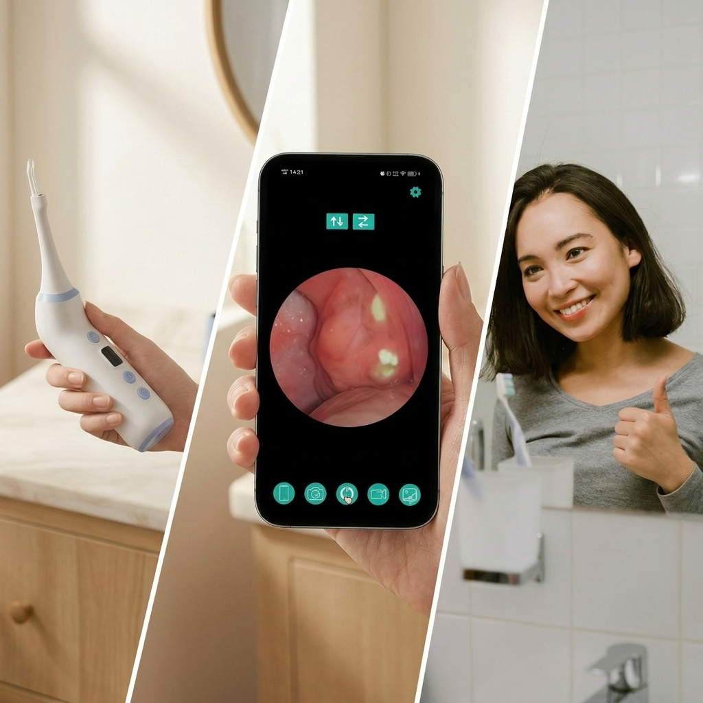 A split-screen lifestyle image showing a TonsilVision stone remover device. The left panel shows a hand holding the white and blue device near a bathroom sink.