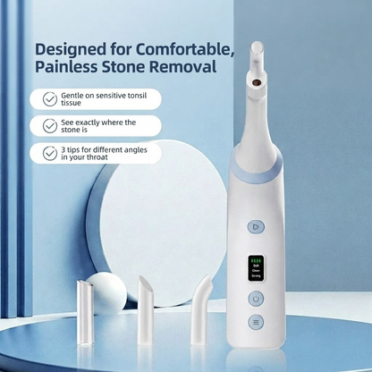 A white and light blue electric TonsilVision stone remover shown on a blue studio background with three nozzle tips and a small display screen. Text on the left reads 'Designed for Comfortable, Painless Stone Removal' with three feature callouts.