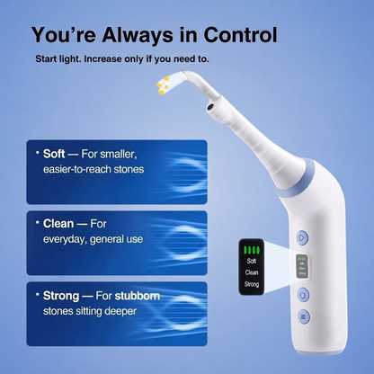 A white and blue TonsilVision stone remover shown on a light blue background with marketing text and feature callouts. The device has a curved nozzle, a small digital display reading Soft, Clean, Strong, and blue control buttons.